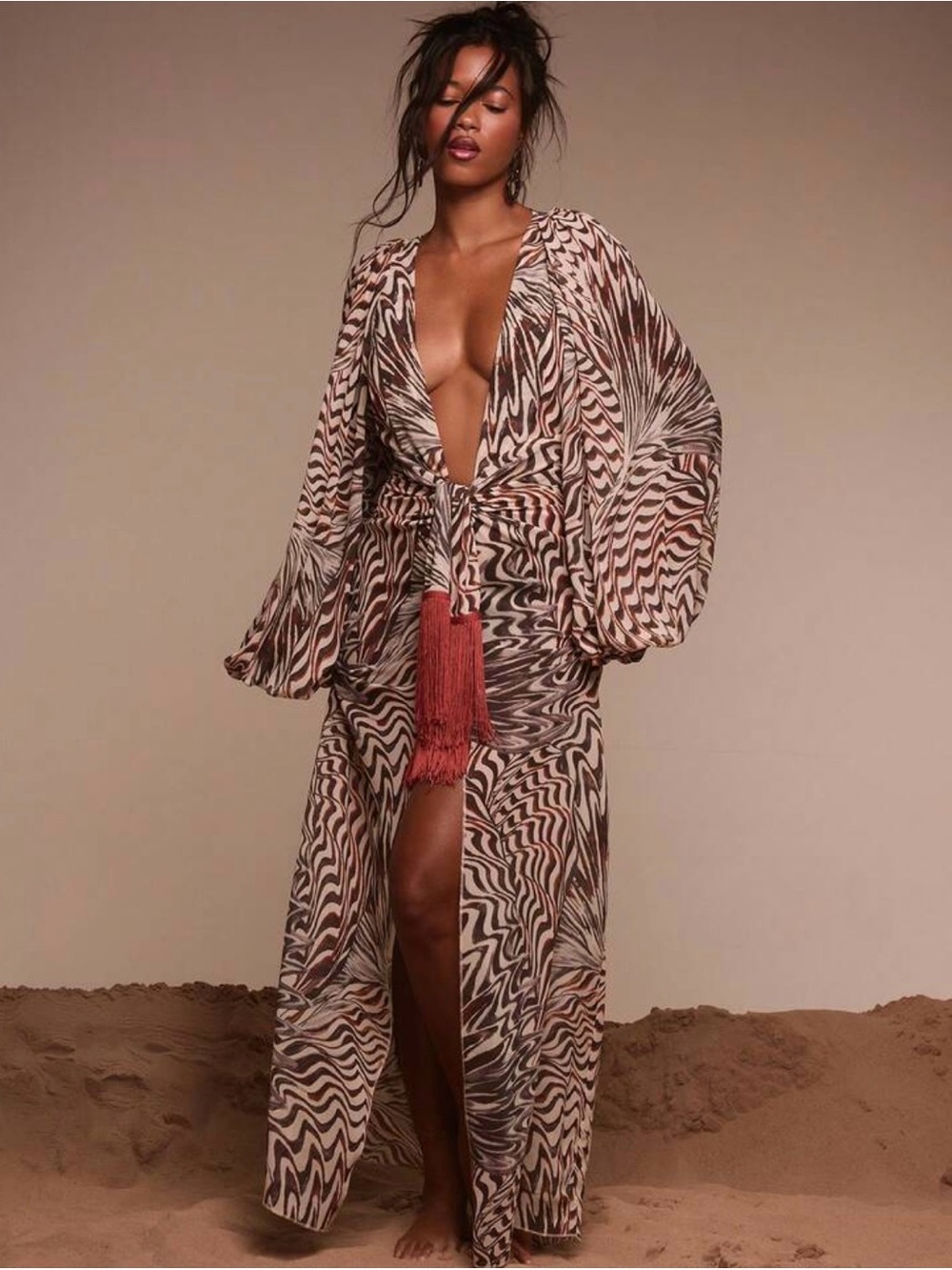 Sheer Brown & Cream Printed Maxi Dress with Tassel Tie - Picture 2 of 3